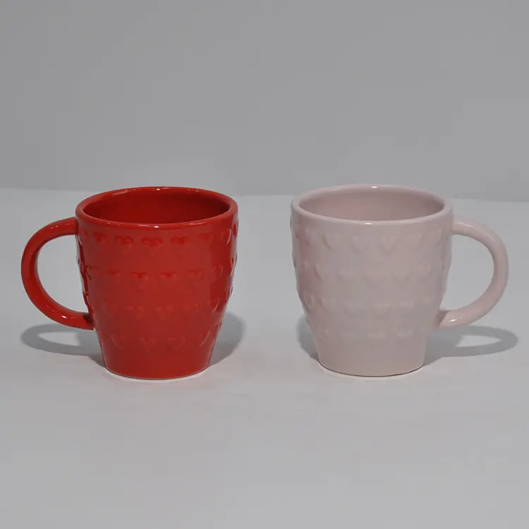 3D Heart-Embossed Stoneware Mug Set for Couples – 250ml Romantic Valentine's Cup