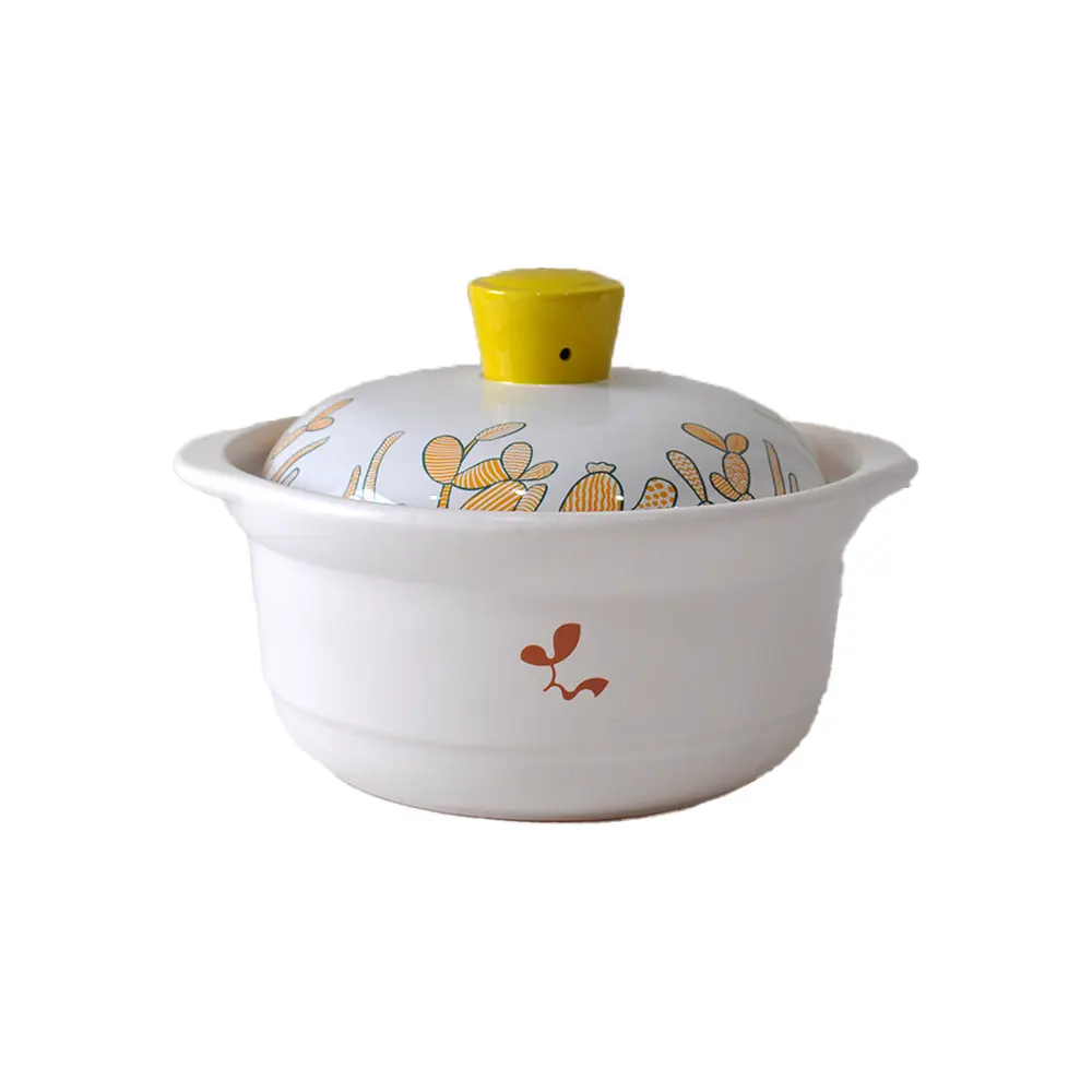 Hand-Painted Orange Green Plant Yellow Knob White Ceramic Casserole