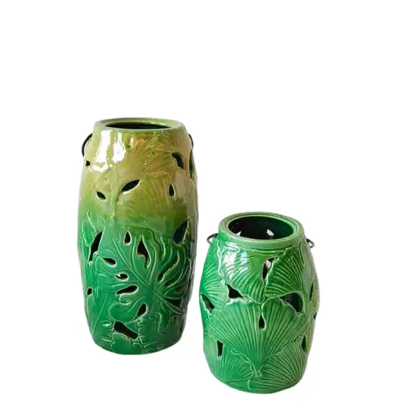 Set of 2 Tropical Leaf - Embossed Hollow - Out Green Ceramic Vases | Decorati...