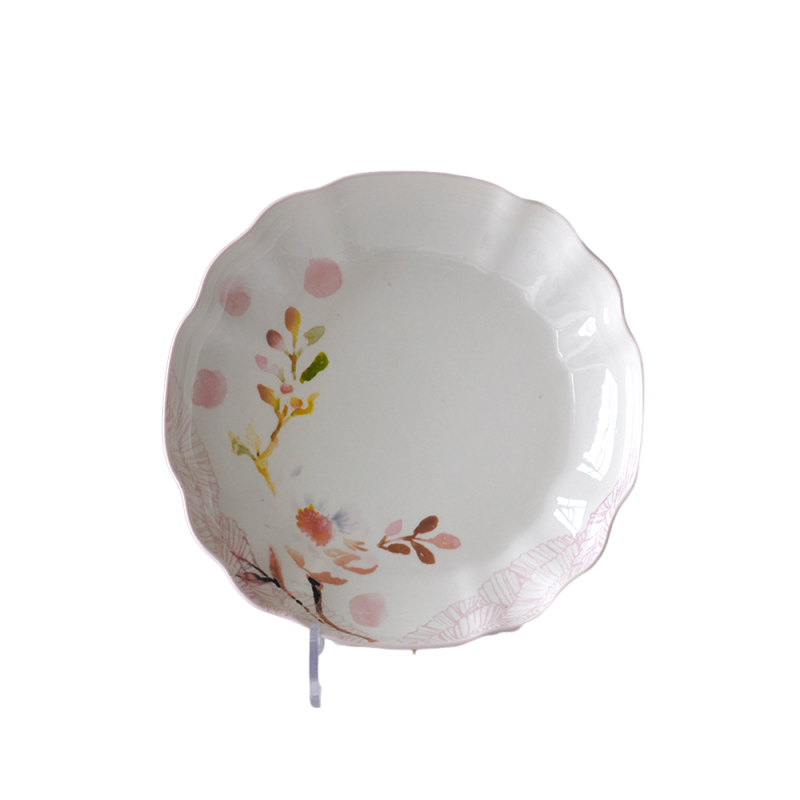 Watercolor Style Pink Floral Scalloped Edge Ceramic Dinner Plate