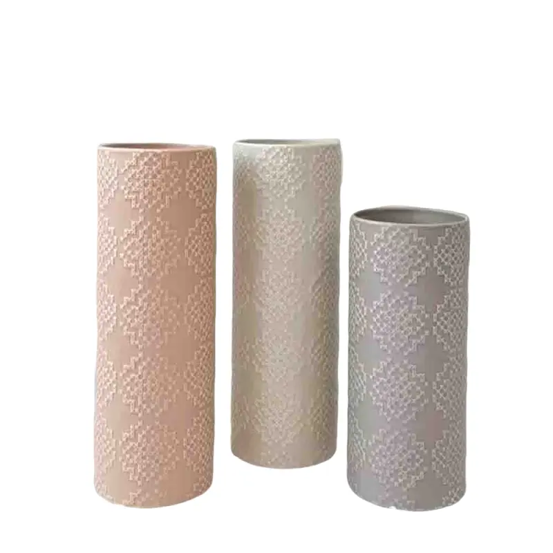 Morandi Color Embossed Geometric Stoneware Cylinder Vase