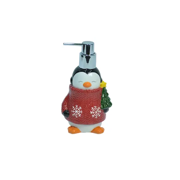 Christmas Penguin in Red Sweater Holding Tree Dolomite Lotion Dispenser