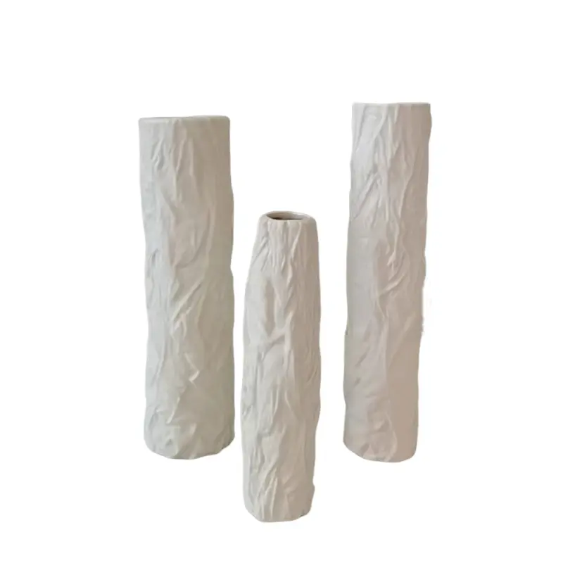 Modern Minimalist Crinkled Texture Off White Ceramic Vase Set