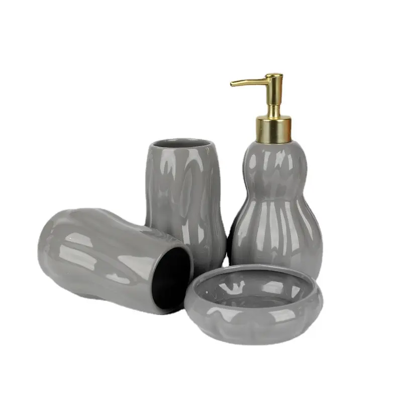 Light Gray Wavy-Textured Ceramic Bathroom 4-Piece Set
