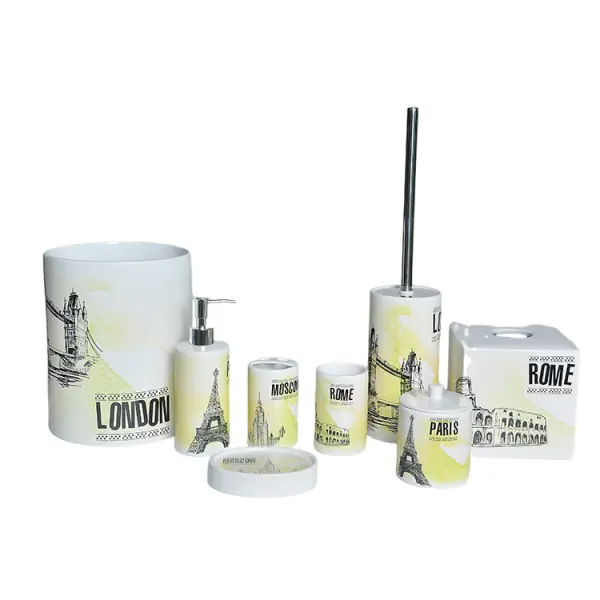 Ink - Wash Yellow - White World Landmark Ceramic Bathroom Accessory Set