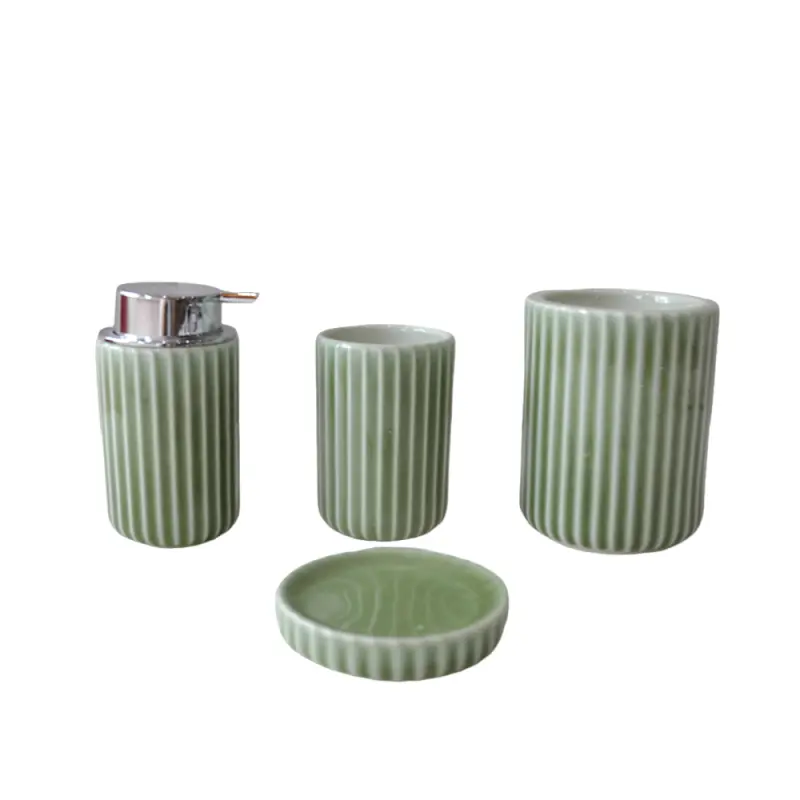 Light Green Vertical Striped Stoneware Bathroom Accessory Set