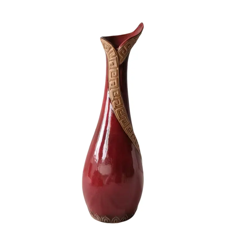 Vintage Greek Key Relief Wine Red Glossy Ceramic Vase