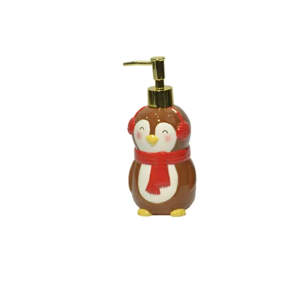 Christmas Brown Penguin with Red Scarf & Earmuffs Dolomite Lotion Dispenser