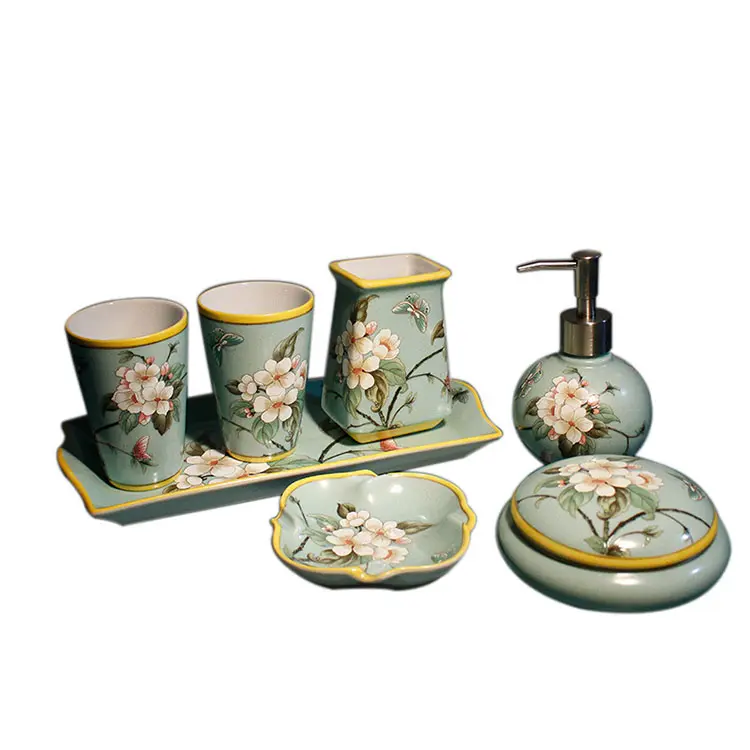 Hand-Painted Floral & Bird Light Green Ceramic Bathroom 7-Piece Set