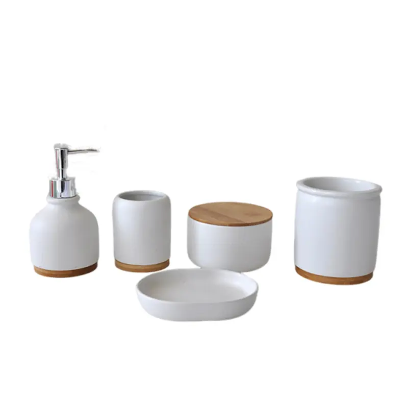 Nordic Minimalist Ceramic & Bamboo Bathroom Accessory Set