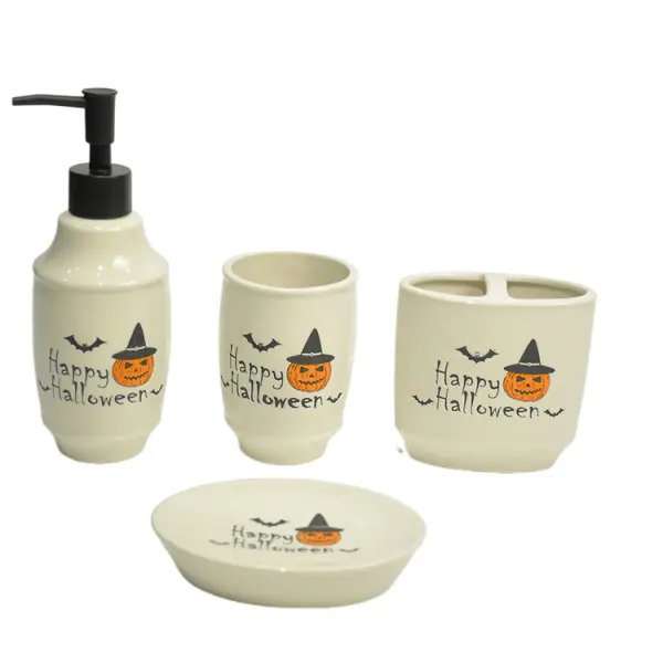 Halloween Pumpkin, Witch Hat & Bat Patterns Stoneware Bathroom Set